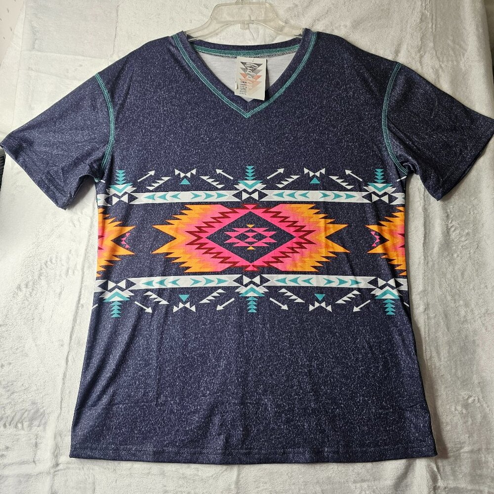 Hidden Avenue T-Shirt Women V Neck Short Sleeve Aztec Life Top Size Medium